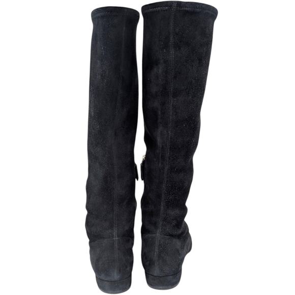 Prada Black Suede Knee High Stretch Boots Square Toe Flat Heel Women’s 37.5 - Picture 5 of 9